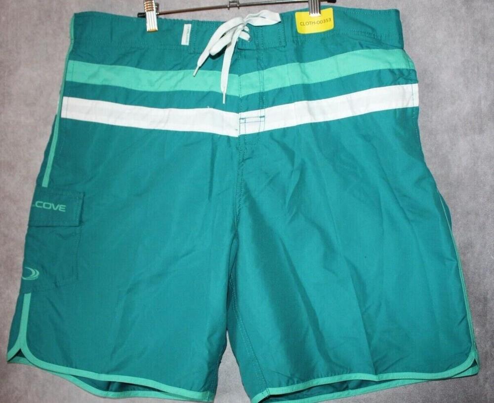 Teal Cove Board Shorts Mens L Green Striped Drawstring Elastic Waist Pockets